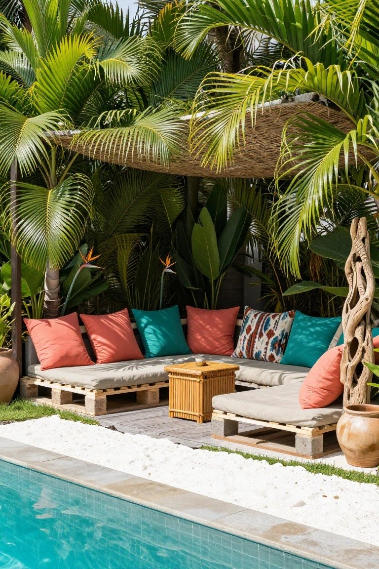 Outdoor L-shaped seating built on wooden pallets with colorful cushions in pink, teal, and patterned fabrics, low bamboo table nearby, under thatched roof by turquoise pool with tropical plants and pots.