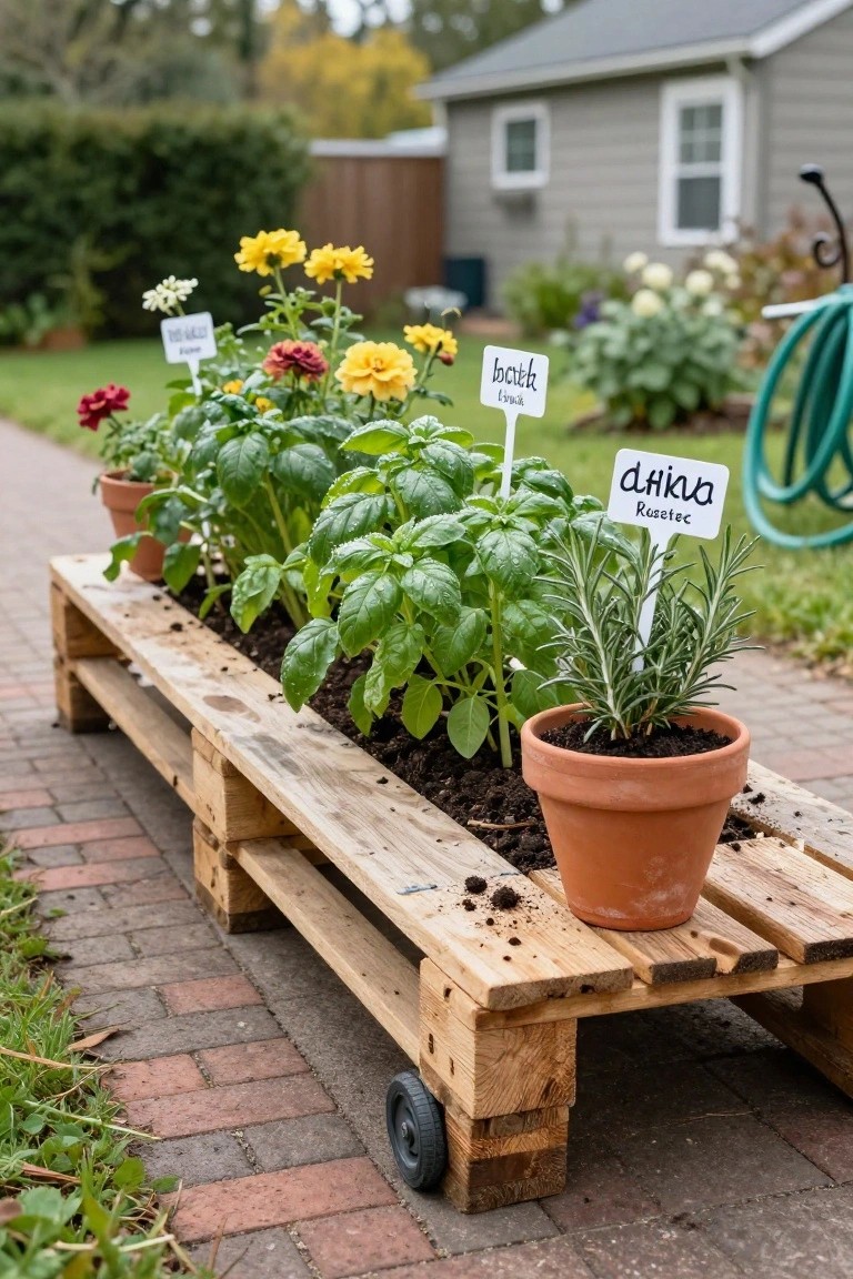 Wooden pallet repurposed as a raised planter bed on wheels, filled with labeled herb plants including basil, dill, and rosemary, positioned on a brick path beside a house and garden hose.