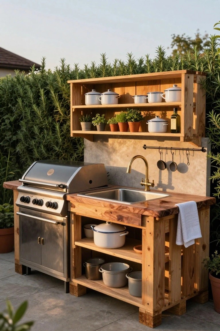 Wooden pallet-built outdoor kitchen with integrated stainless steel grill, sink, brass faucet, shelves stocked with enamel pots and herb plants, lower cabinets, and hanging utensils, set on a tiled patio against a rosemary hedge.