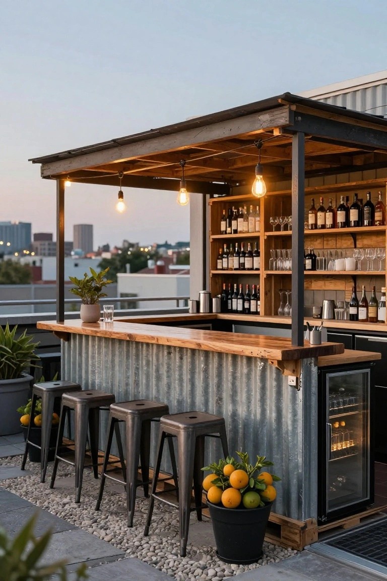 Rooftop bar setup with wooden countertop, metal stools, wooden shelves stocked with bottles and glasses, potted plants, under a covered wooden roof with string lights and city view.