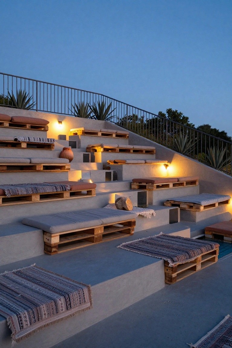 Tiered outdoor seating made from stacked wooden pallets with cushions, rugs, pillows, terracotta pots, and warm wall lights on a stucco platform with agave plants and metal railing.