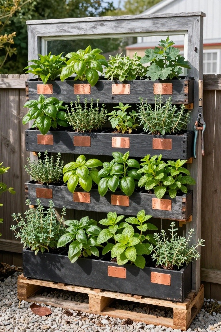Tall vertical garden made from stacked black wooden planters on a pallet base, filled with herb plants including basil, mint, thyme, and others, positioned in a gravel backyard against a wooden fence.