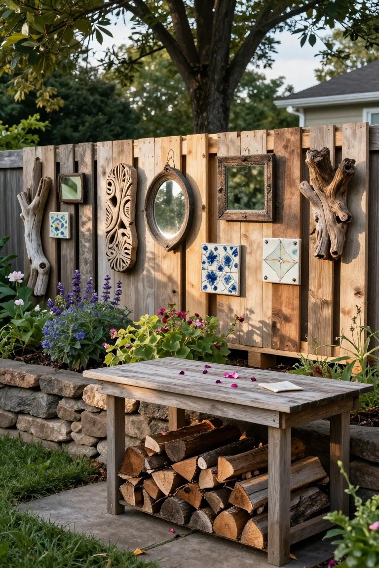 Wooden pallet fence decorated with assorted mirrors, ceramic tiles in blue and white patterns, carved wood pieces, and driftwood, next to a stone retaining wall, potted plants, flowers, and a rustic table holding stacked firewood in a backyard.