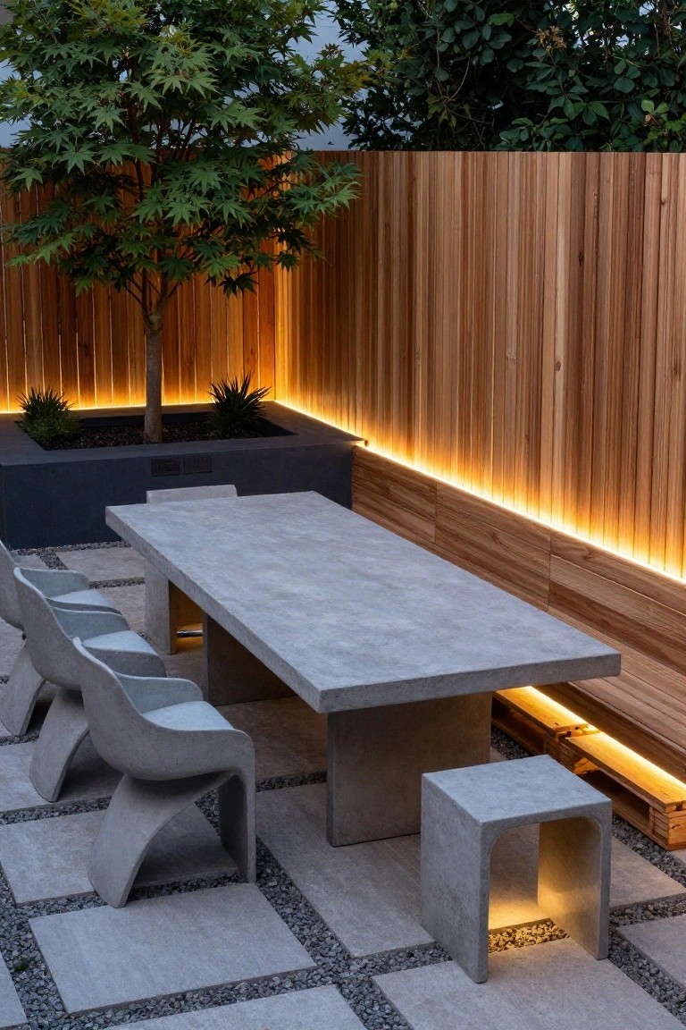 Outdoor dining area with gray concrete table, curved chairs, and bench on pebble pavers, wooden slat fence with yellow LED strip lighting along the base, potted agave plants, and a small maple tree nearby.