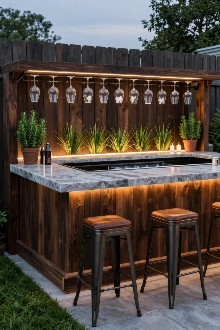 Wooden outdoor bar against a dark slatted fence with white quartz countertop, hanging wine glasses on a rack, potted plants, LED underlighting, two leather metal bar stools, and concrete pavers in a backyard setting.