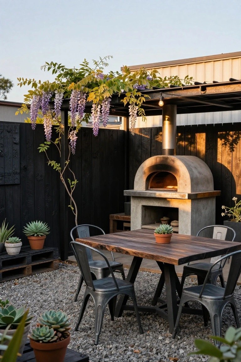 Backyard outdoor dining area featuring a concrete wood-fired pizza oven, wooden table with black metal chairs, black wooden slat fence, wisteria-covered metal pergola, potted succulents, and gravel flooring.