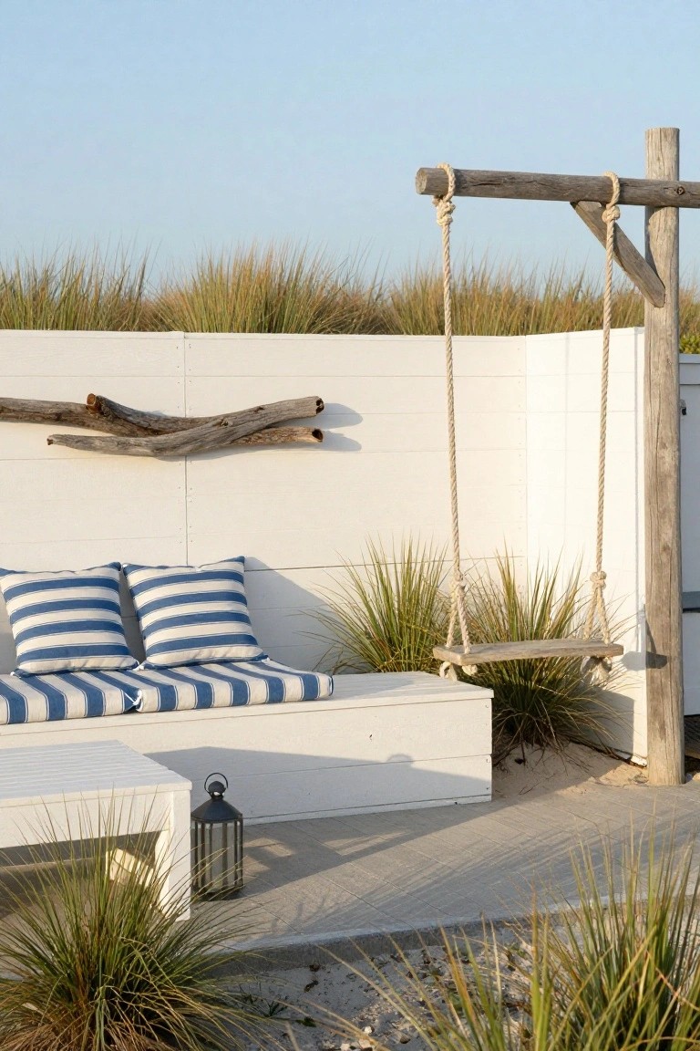 White vertical plank fence enclosing an outdoor corner with a wooden rope swing, blue striped cushions on a bench, driftwood shelf, black lantern on a white table, and clumps of beach grass on sandy ground.