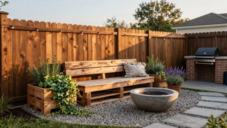 Backyard patio featuring a wooden pallet bench with white ruffled pillows next to a cylindrical gas fire pit, potted rosemary and lavender plants, brick barbecue grill, wooden picket fence strung with lights, and gravel ground with stone pavers.