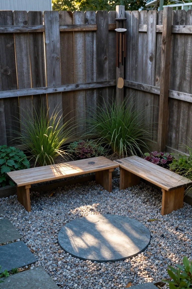 Small backyard corner enclosed by weathered wooden fences contains two low perpendicular wooden benches on gravel ground surrounded by plants, with a circular stone paver in the center and wind chimes on the fence.
