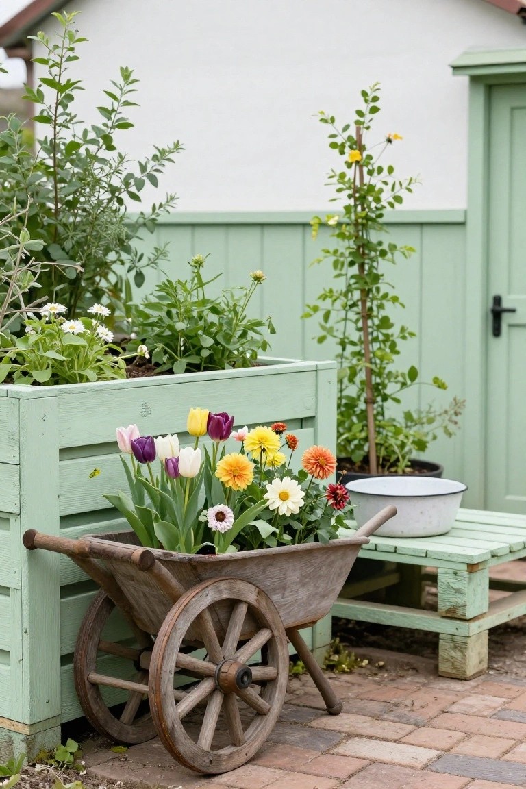 Mint green painted wooden pallet fence in a backyard with raised green wooden planters containing colorful tulips and flowers, a wooden wheelbarrow filled with plants, potted greenery, and a green shed against a white house wall.