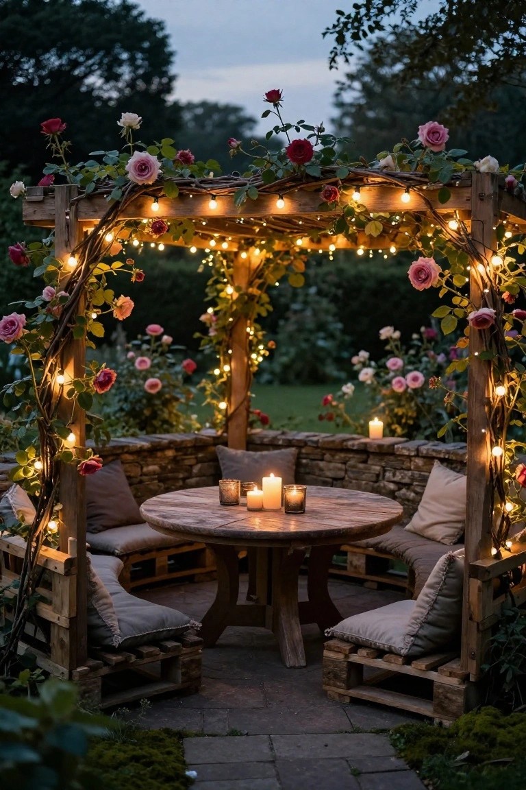 Wooden pergola covered in pink and red climbing roses and string lights over a round wooden table surrounded by gray cushioned benches made from pallets, with stone wall and candles nearby in a garden at dusk.