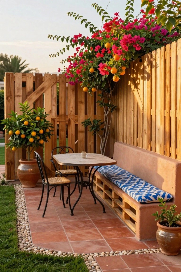 Wooden pallet fence with red bougainvillea vines and orange tree along one side of a terracotta-tiled backyard patio, with a white table, metal chairs, blue-cushioned pallet bench, and potted plants.