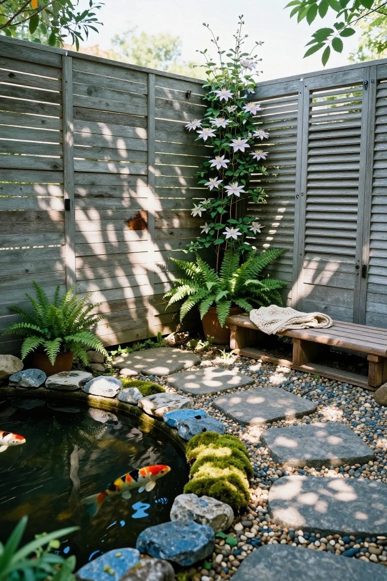 Gray slatted wooden fence forming two sides of a backyard corner, with white climbing flowers on one fence, potted ferns, wooden bench with blanket, round rock-lined koi pond containing two orange fish, moss, stepping stones, and gravel ground cover.