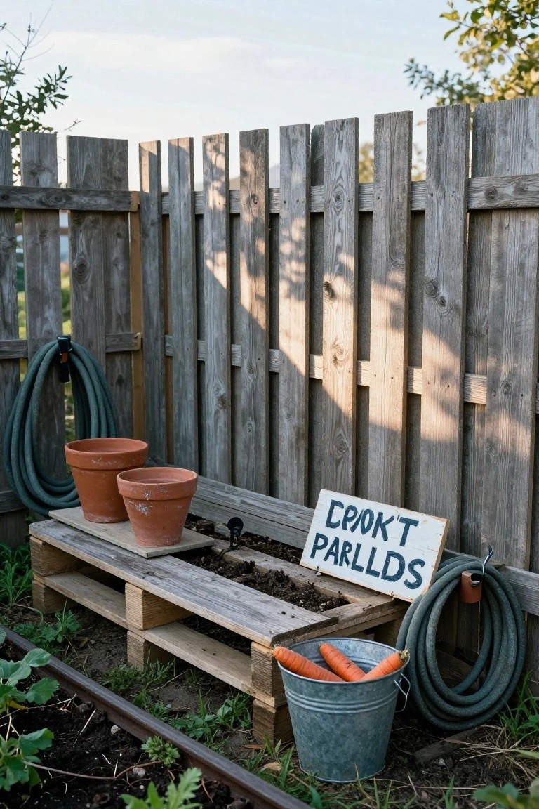 Weathered vertical pallet fence beside a low pallet platform used as a raised garden bed with soil, two empty terracotta pots on top, a galvanized bucket of orange carrots, coiled green hoses, and a wooden sign reading 