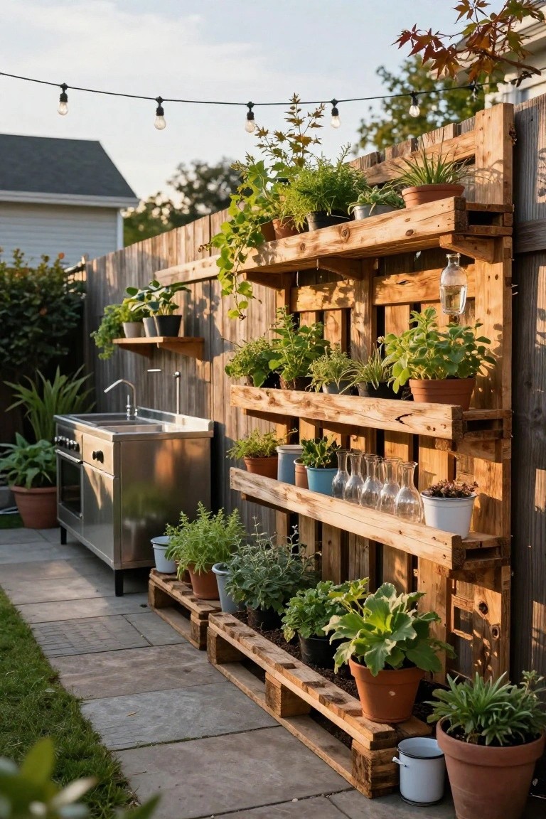 Wooden pallet fence transformed into multi-level shelves holding various potted plants and herbs, positioned next to a stainless steel outdoor kitchen with sink and stove on a paved patio area with string lights overhead.