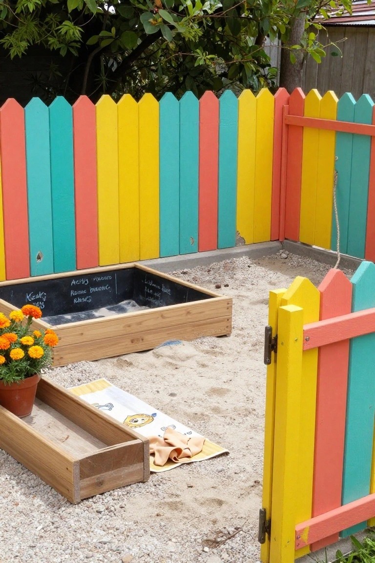 Backyard sandbox enclosed by a tall picket fence painted in vertical stripes of teal, yellow, pink, orange, and cyan, with potted marigolds, a wooden planter box, and a towel on sandy ground.
