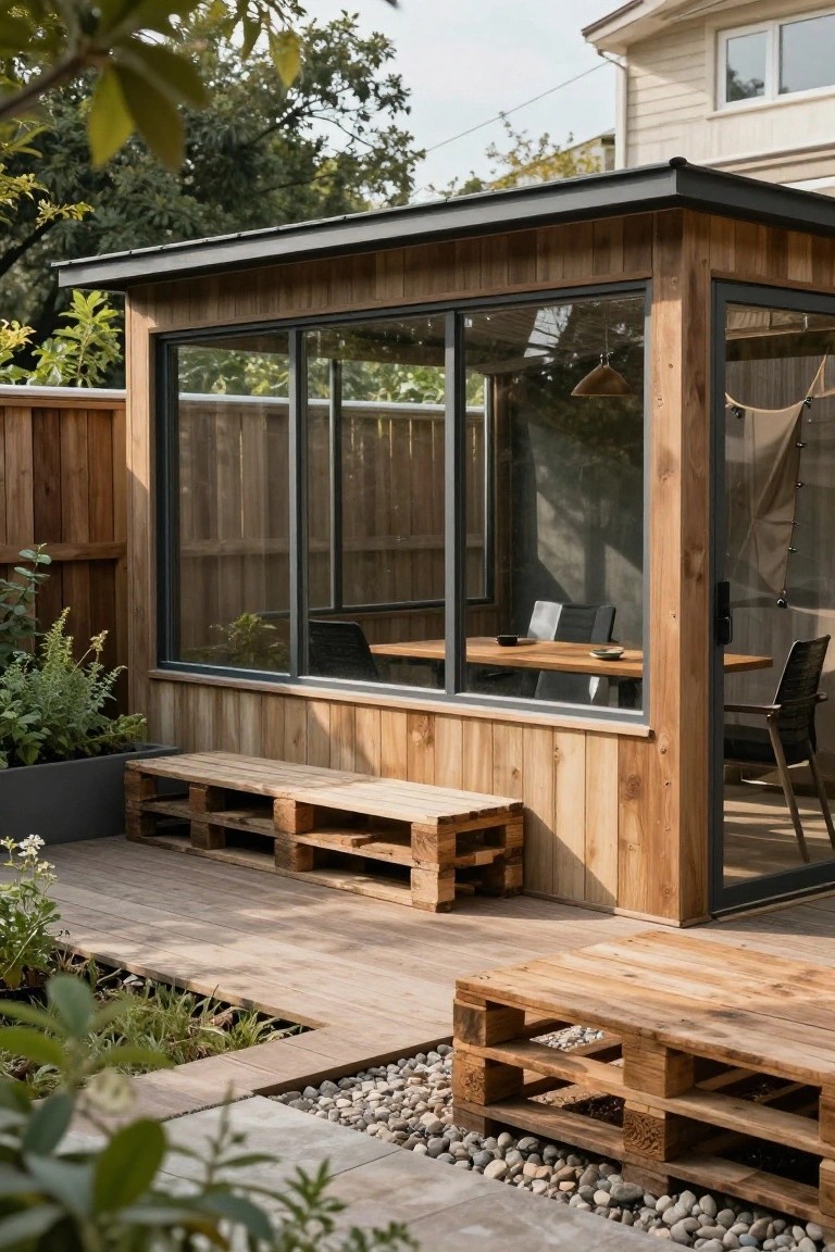 Wooden pallet benches and a pallet table on a deck next to a glass-walled wooden pavilion in a backyard with plants, gravel, and a fence.