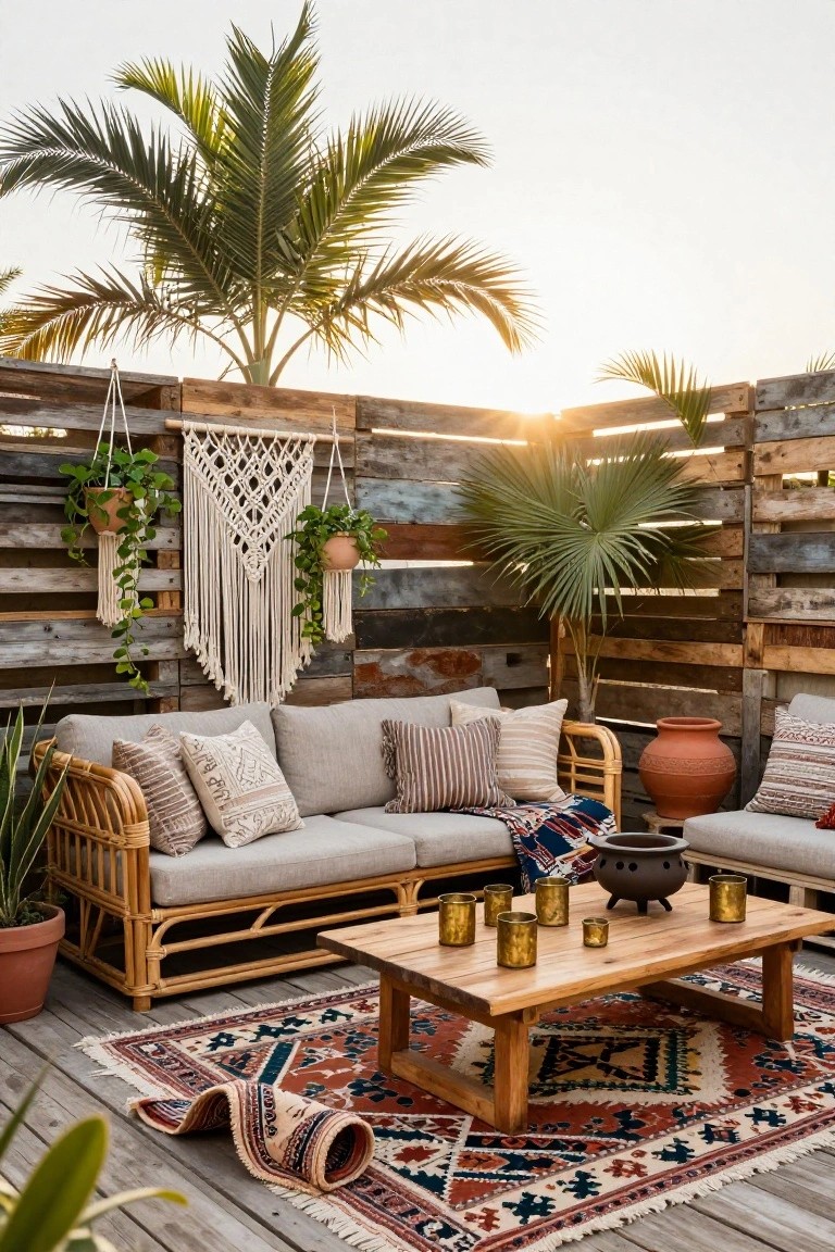Outdoor terrace seating area with rattan sofa piled with cushions, wooden coffee table holding brass candle holders, terracotta pots, pallet wood fence backdrop hung with macrame plant holders, and palm trees at sunset.