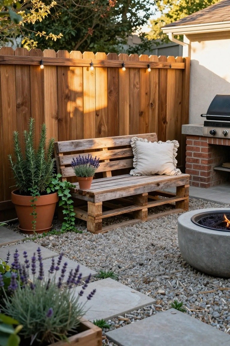 Backyard patio featuring a wooden pallet bench with white ruffled pillows next to a cylindrical gas fire pit, potted rosemary and lavender plants, brick barbecue grill, wooden picket fence strung with lights, and gravel ground with stone pavers.
