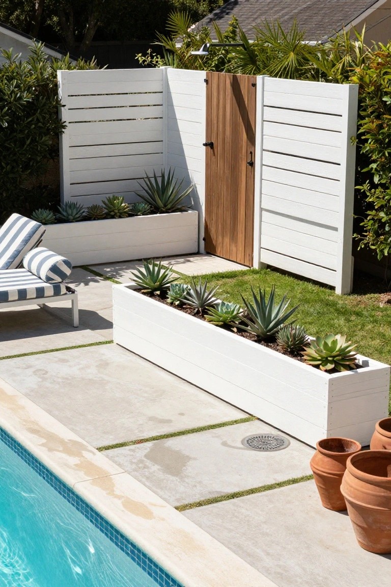 White slatted wooden fences with a brown wooden gate enclose a poolside area featuring succulent-filled white planter boxes, a striped lounge chair on concrete pavers, green grass, palm trees, and terracotta pots.