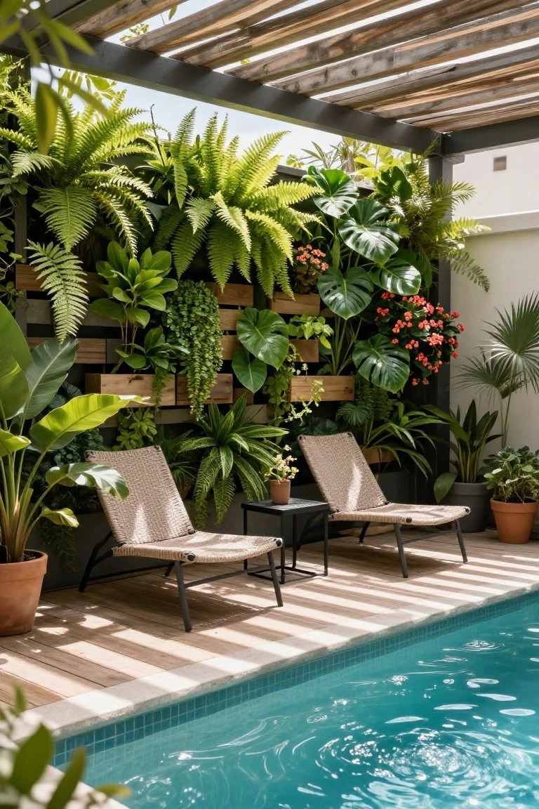 Wooden pallet wall covered in lush green plants including ferns, monstera leaves, and trailing vines, positioned behind two rattan lounge chairs on a deck next to a turquoise tiled pool under a slatted pergola roof.