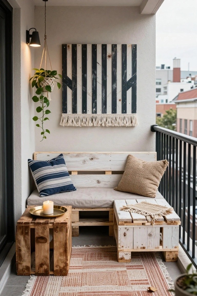 A small apartment balcony with a white pallet bench holding blue and beige cushions, a wooden pallet side table with a brass tray and candle, hanging potted plant, striped wooden wall art, macrame wall hanging, and terracotta rug against a city skyline.