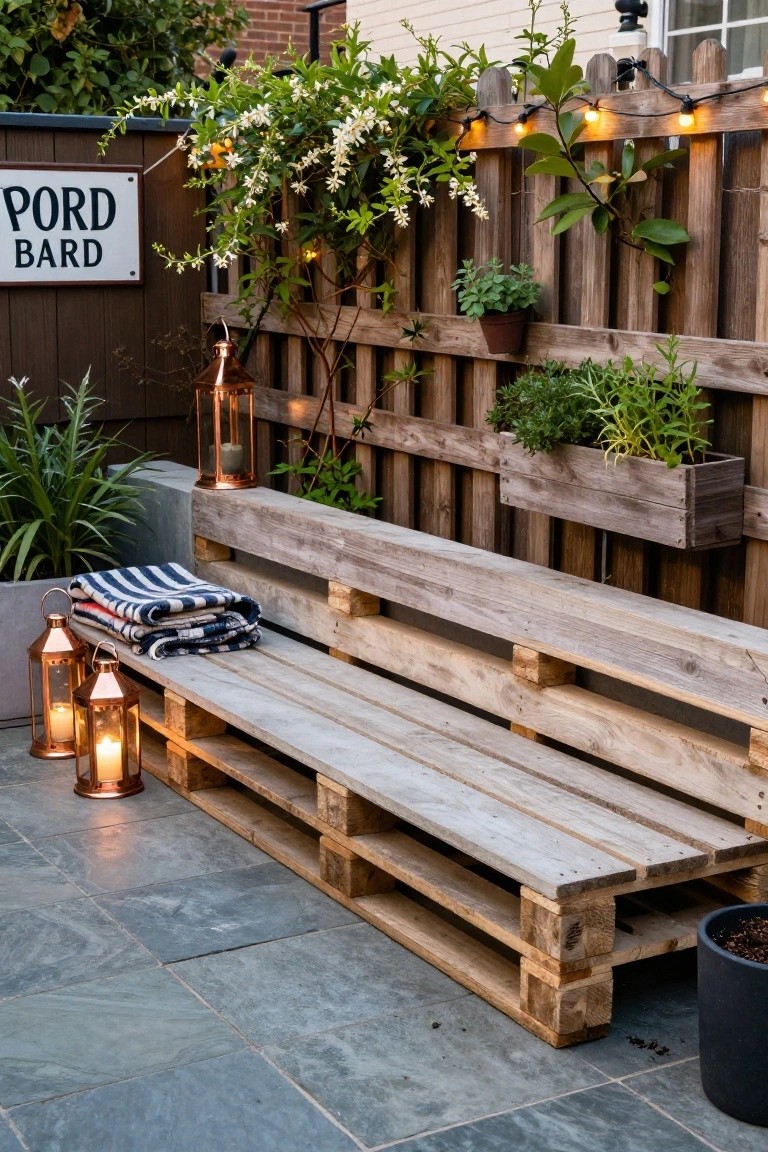 Wooden pallet bench on a gray slate patio with folded striped blankets, copper lanterns, potted plants, climbing vines on a wooden fence, string lights, and a sign reading