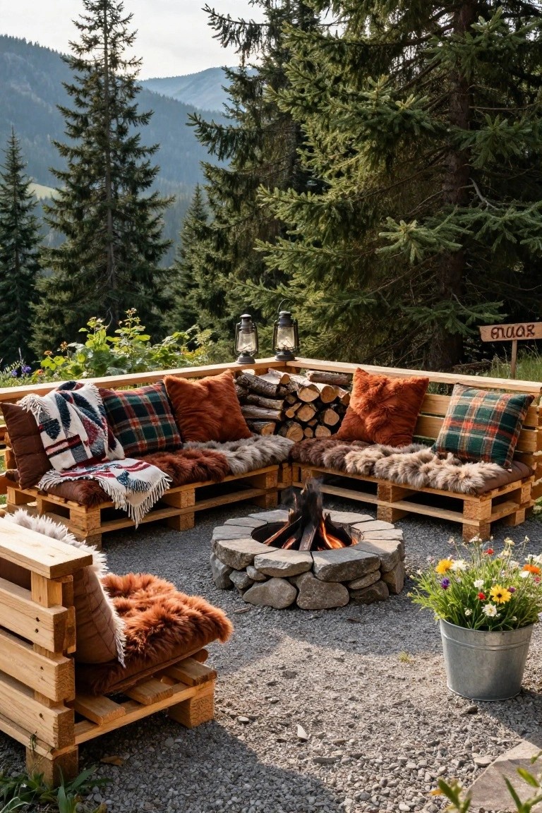 Wooden pallet sofa and chairs with cushions and throws arranged around a stone fire pit on a gravel patio deck, with lanterns, firewood stack, potted flowers, and mountain forest backdrop.