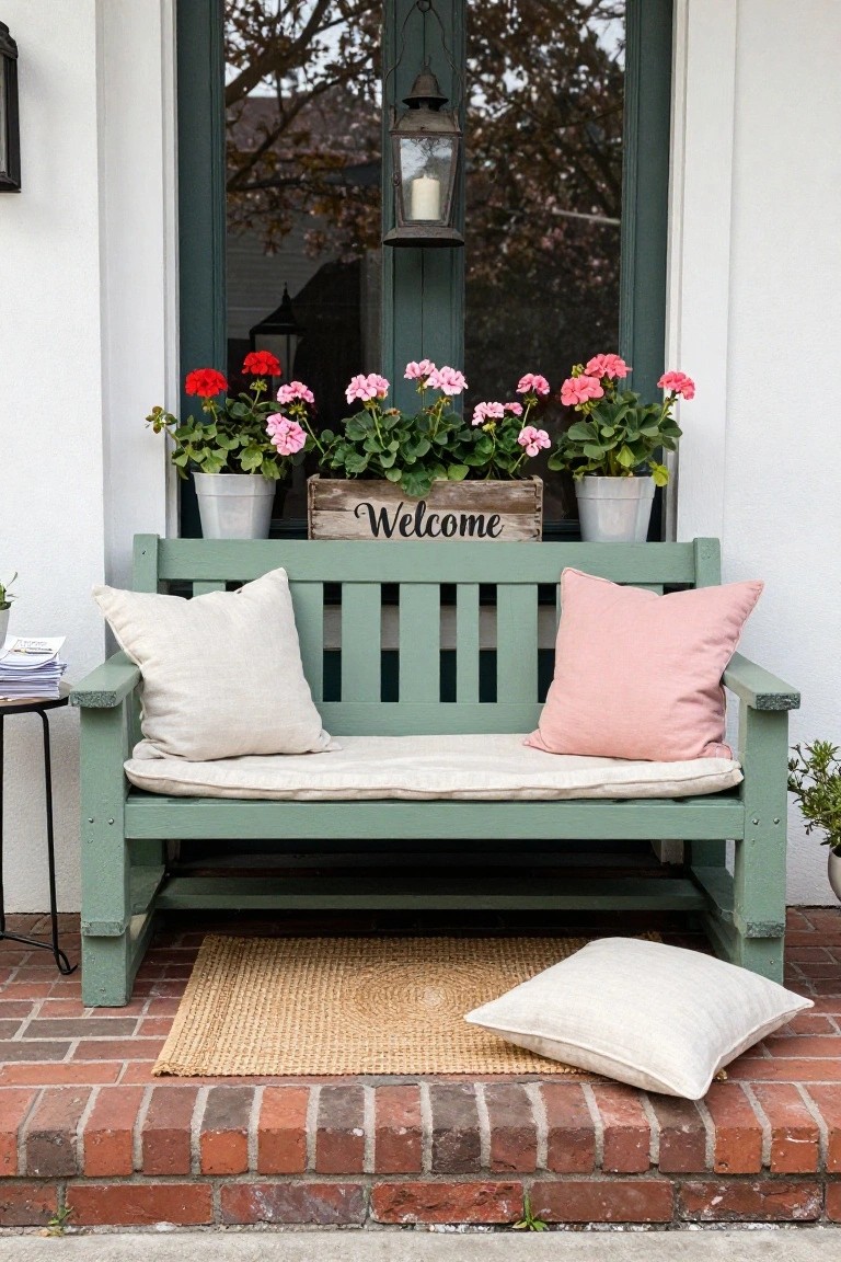 Green slatted wooden bench with beige and pink cushions on a porch, flanked by potted red geraniums and a wooden