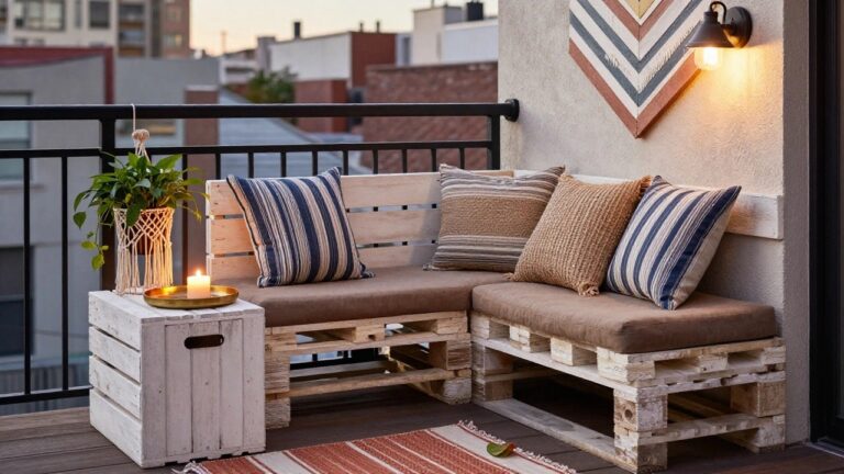 22 Gorgeous DIY Outdoor Pallet Seating That Transforms Any Space A small apartment balcony with a white pallet bench holding blue and beige cushions, a wooden pallet side table with a brass tray and candle, hanging potted plant, striped wooden wall art, macrame wall hanging, and terracotta rug against a city skyline.