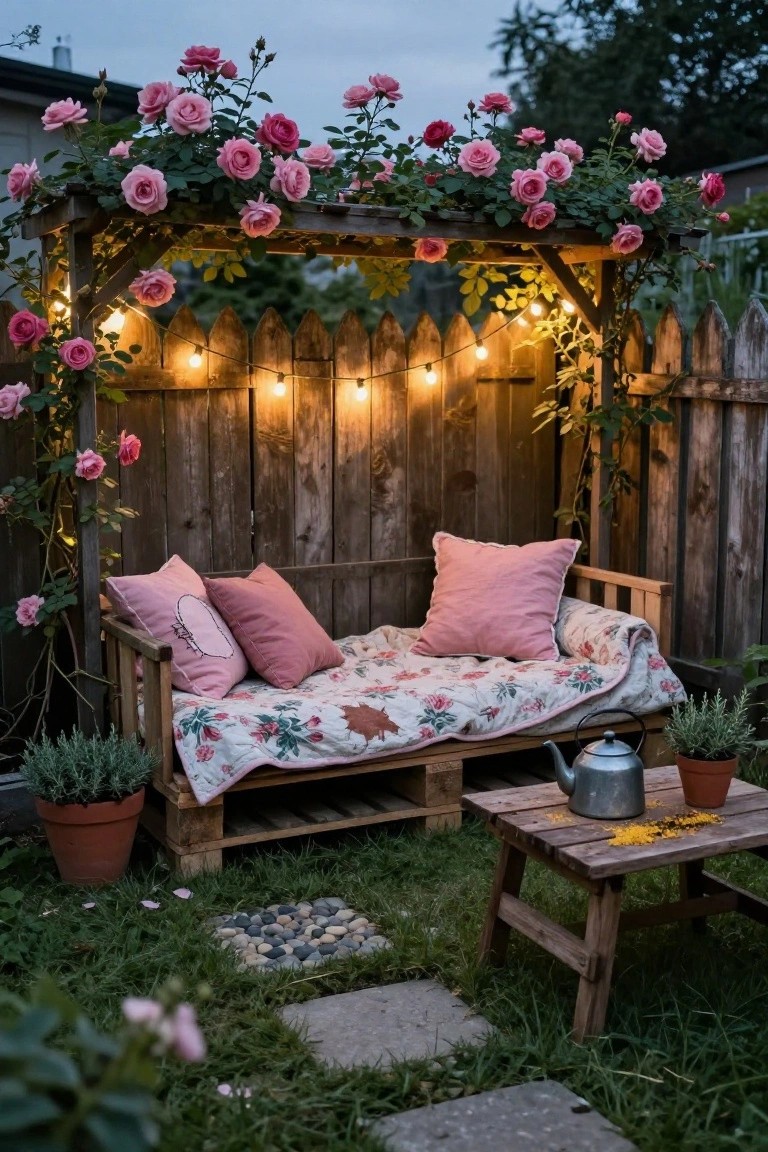 Wooden pallet daybed with pink cushions, floral quilt, and wooden armrests under a rose-covered arbor with string lights, beside a small table holding a teapot, yellow flowers, and potted plants in a grassy backyard with stone path.