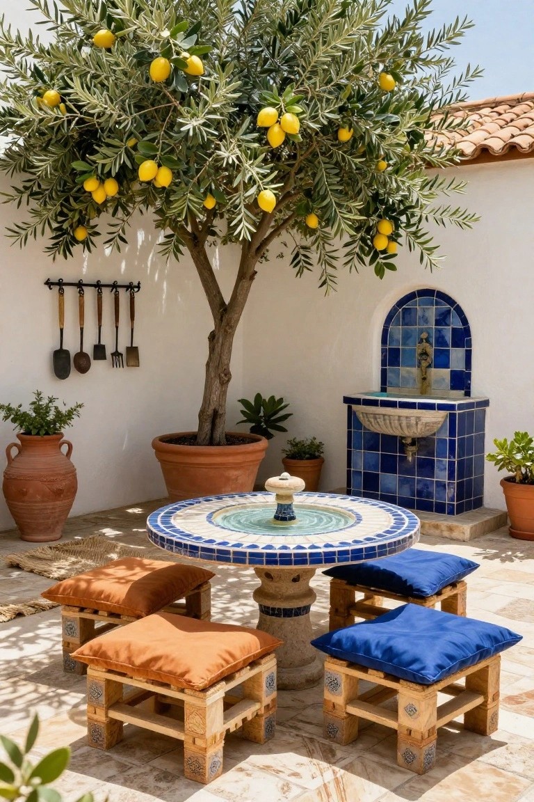 Outdoor courtyard with olive tree bearing lemons, blue tiled fountain, terracotta pots, round mosaic table, and low pallet stools with orange and blue cushions on tiled patio.