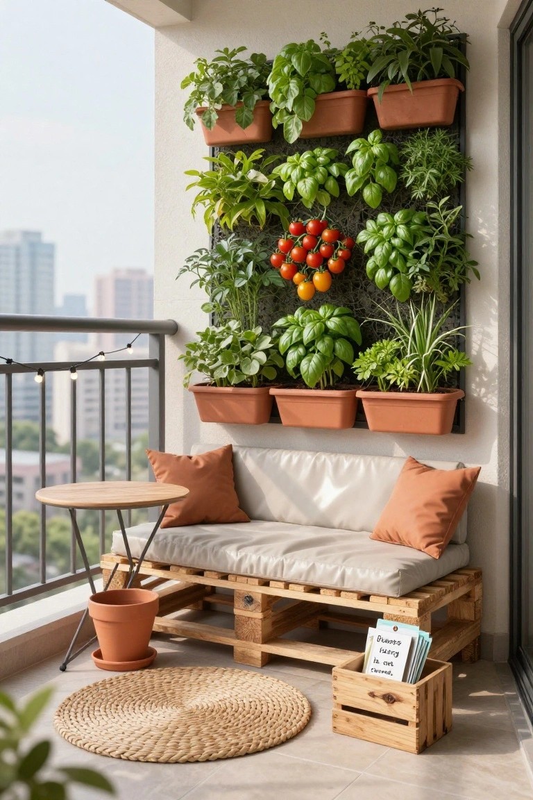 Balcony with wooden pallet bench topped by beige cushions and a round wooden table, vertical wall planters full of green herbs and tomato plants, string lights on railing, terracotta pots, woven rug, wooden crate, and cityscape view.