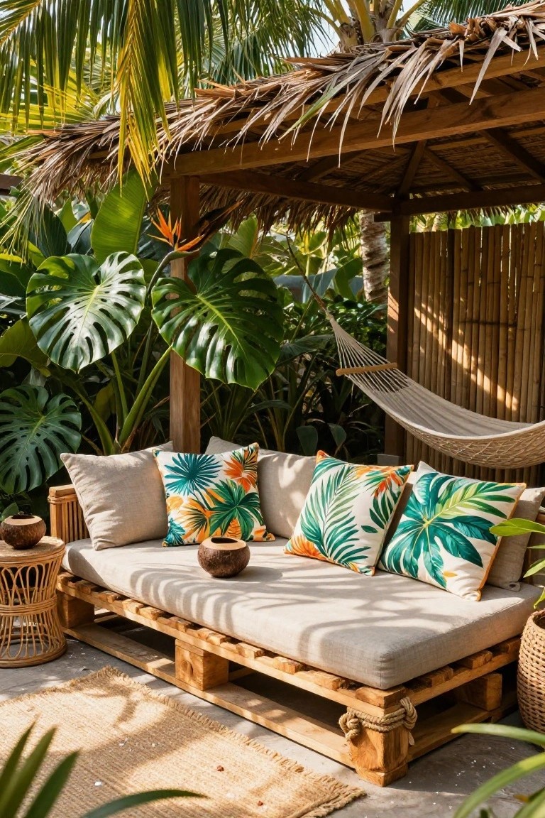 Wooden pallet daybed with beige cushions and colorful tropical leaf-patterned pillows under a thatched bamboo-roofed gazebo, next to a hammock amid large monstera plants and bamboo screens on a patio.