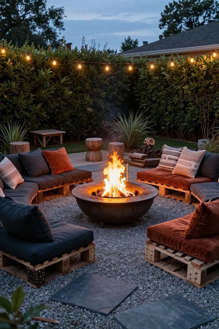 A modern fire pit on a gravel patio surrounded by circular arrangement of cushioned wooden pallet seating, wooden stools, potted plants, and string lights along a hedge fence at dusk.