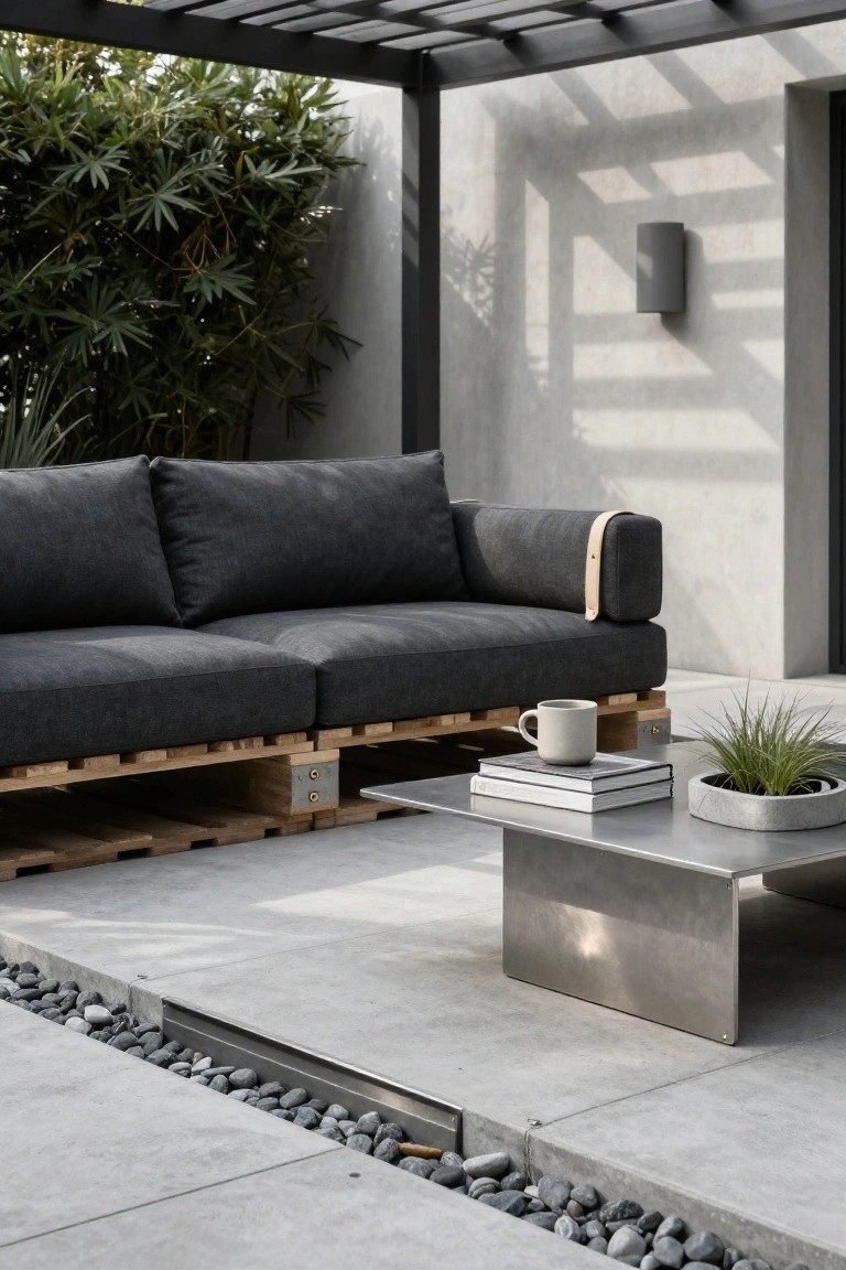 Outdoor patio featuring an L-shaped dark gray fabric sofa built on wooden pallets, with a stainless steel coffee table holding a white mug, stacked books, and a potted grass plant, under a black metal pergola beside bamboo plants and a concrete floor with pebble-edged drain.