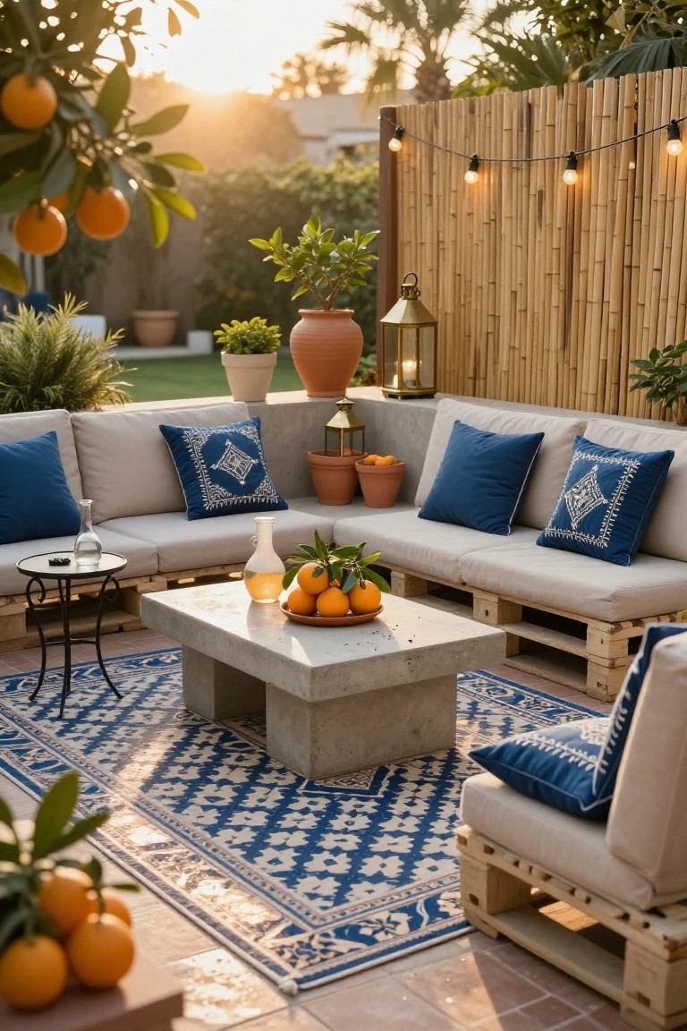 Backyard patio with L-shaped beige sofa made from wooden pallets and blue embroidered cushions, concrete coffee table holding oranges and a bottle, potted plants, lanterns, string lights, and bamboo fence at sunset.
