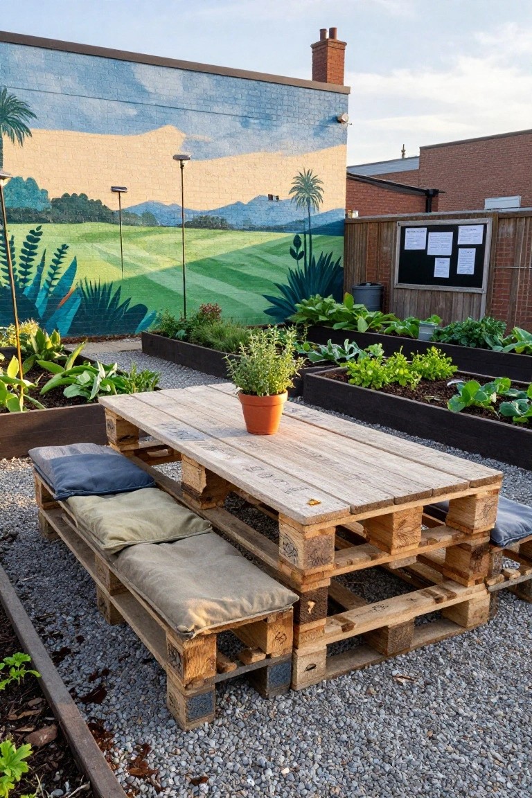 Wooden pallet table and benches with cushions on gravel ground, surrounded by raised garden beds with vegetables and a large colorful mural on the wall.