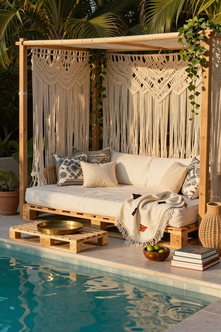 Outdoor pallet daybed with white cushions and patterned pillows under a wooden gazebo with white macrame curtains and ivy, next to a turquoise pool on a tiled patio with potted plants and decorative items.