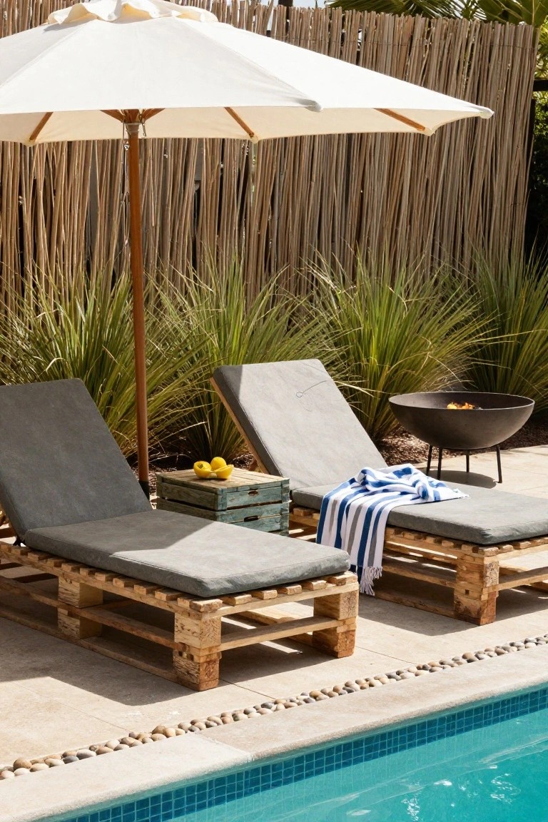 Two gray-cushioned lounge chairs built from wooden pallets next to a swimming pool, with a white umbrella overhead, a fire pit nearby, a wooden crate table with lemons, and tropical plants and bamboo fencing in the background.