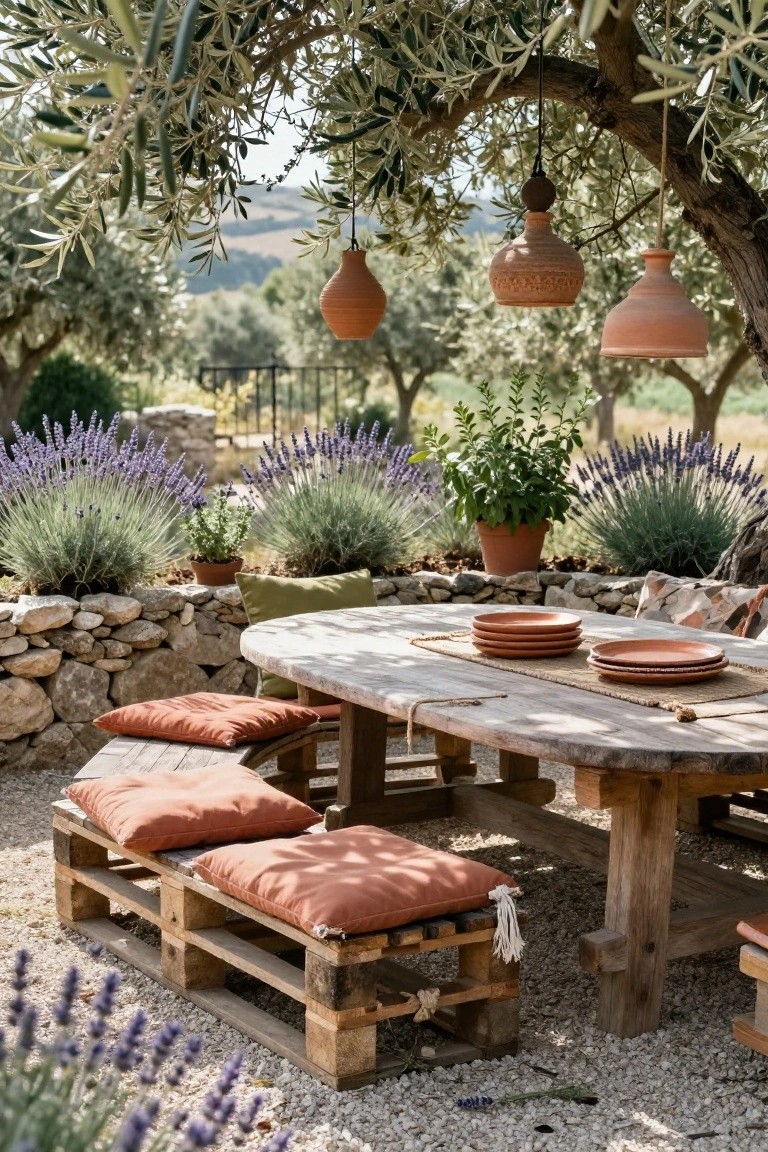 Round wooden outdoor dining table with terracotta cushions on pallet benches, under olive tree branches with hanging clay lanterns, surrounded by lavender plants and stone wall.
