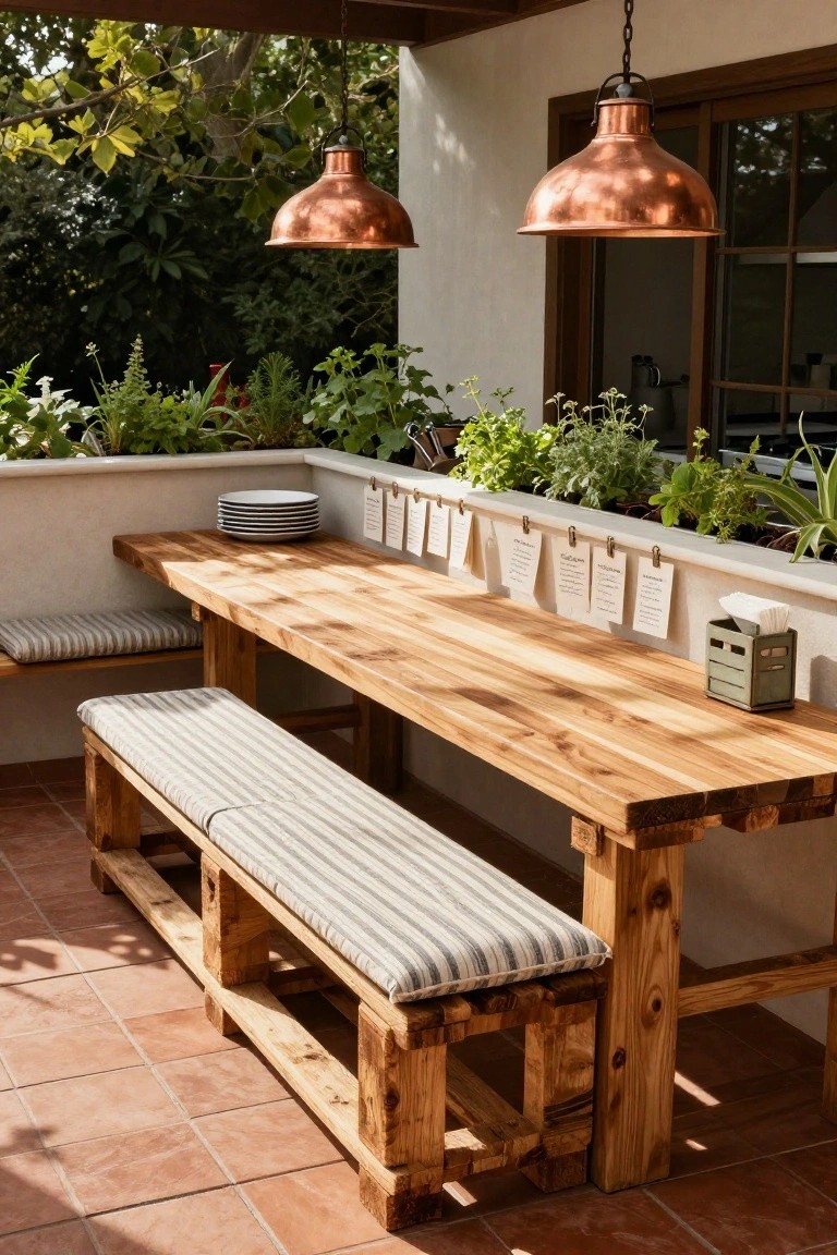 Outdoor patio dining setup with a long wooden table, benches built from pallets with gray striped cushions, potted plants and herbs along a white wall planter, copper pendant lights overhead, and a glimpse of indoor kitchen through sliding doors.
