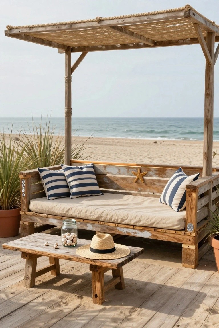 Wooden pallet daybed with beige mattress, navy striped pillows, and starfish decoration under a rope-thatched pergola on a deck overlooking beach dunes and ocean, with potted grasses, small table holding shell jar and straw hat.