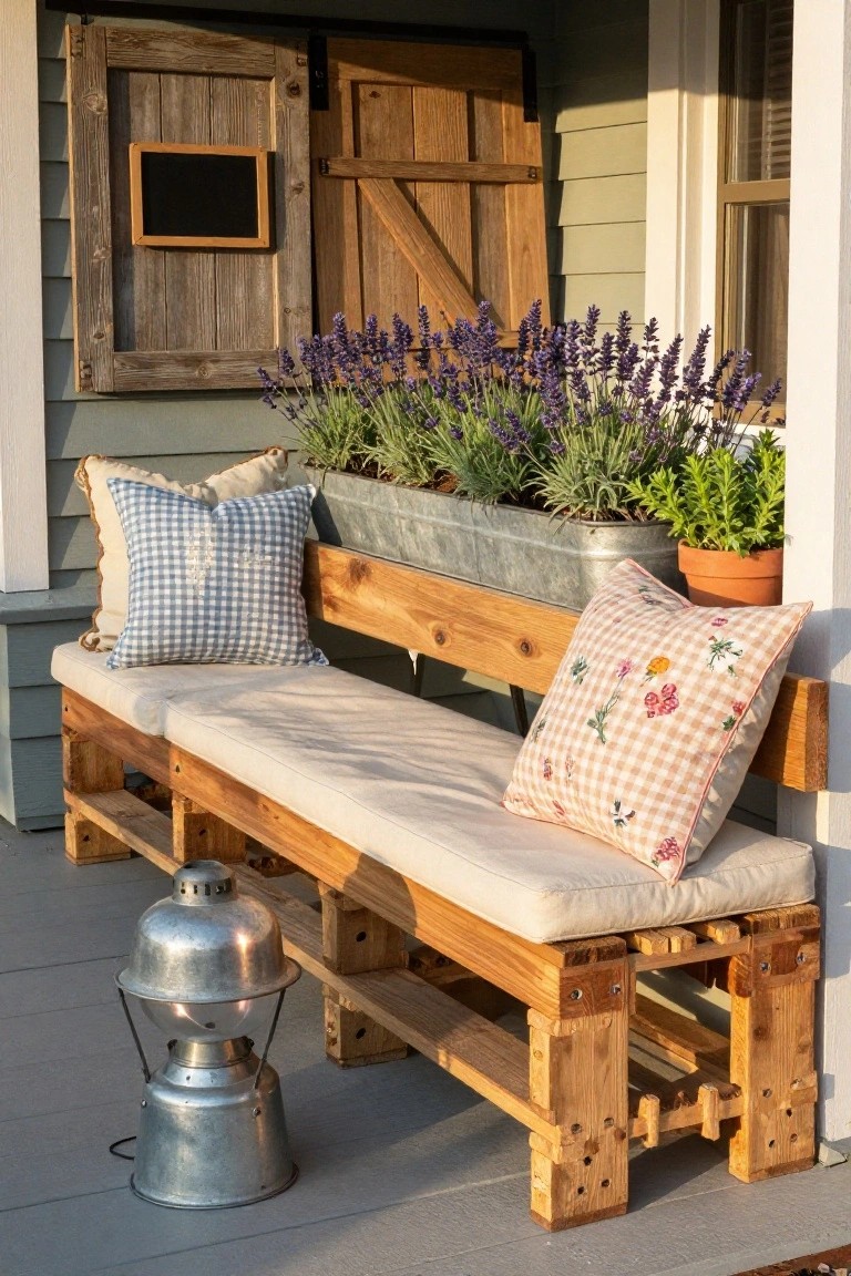 Wooden pallet bench with beige cushions and checkered pillows on a porch next to a house, with lavender plants in a metal trough, potted greenery, and a metal lantern on the deck.