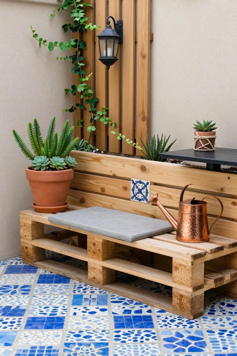 Wooden pallet bench with gray cushion on blue mosaic tiled patio floor, flanked by potted succulents and haworthia plants, copper watering can nearby, ivy climbing wooden wall.