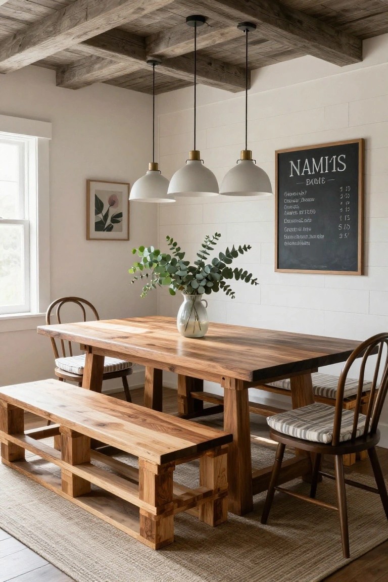 Dining room with exposed wood beam ceiling, three pendant lights over a large rectangular wooden table, two pallet-style wooden benches on longer sides, two wooden chairs with cushions, eucalyptus bouquet in glass vase on table, framed art and chalkboard menu on white shiplap wall, seagrass rug on wood floor.
