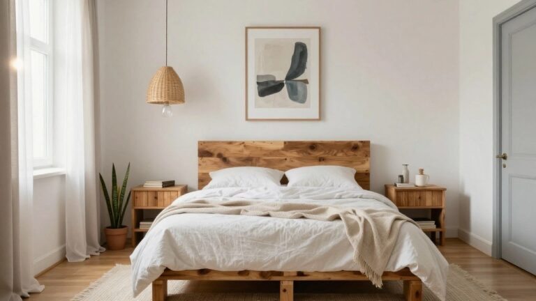 22 Inspiring Projects With Wood Pallets For Creative Makers Bedroom with low rustic wooden bed frame and headboard, white linen bedding and pillows, matching wooden nightstands, potted plants, sheer curtains on two windows, abstract wall art, and woven pendant lamp overhead on light gray walls with hardwood floors.
