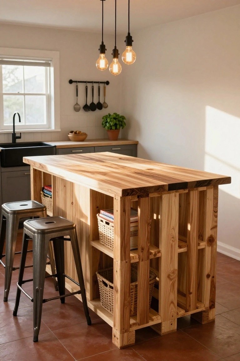 Kitchen with a central island built from wood pallets featuring a light-toned butcher-block top, open shelves holding wicker baskets and books, and two metal stools, beside a black farmhouse sink and gray cabinets.
