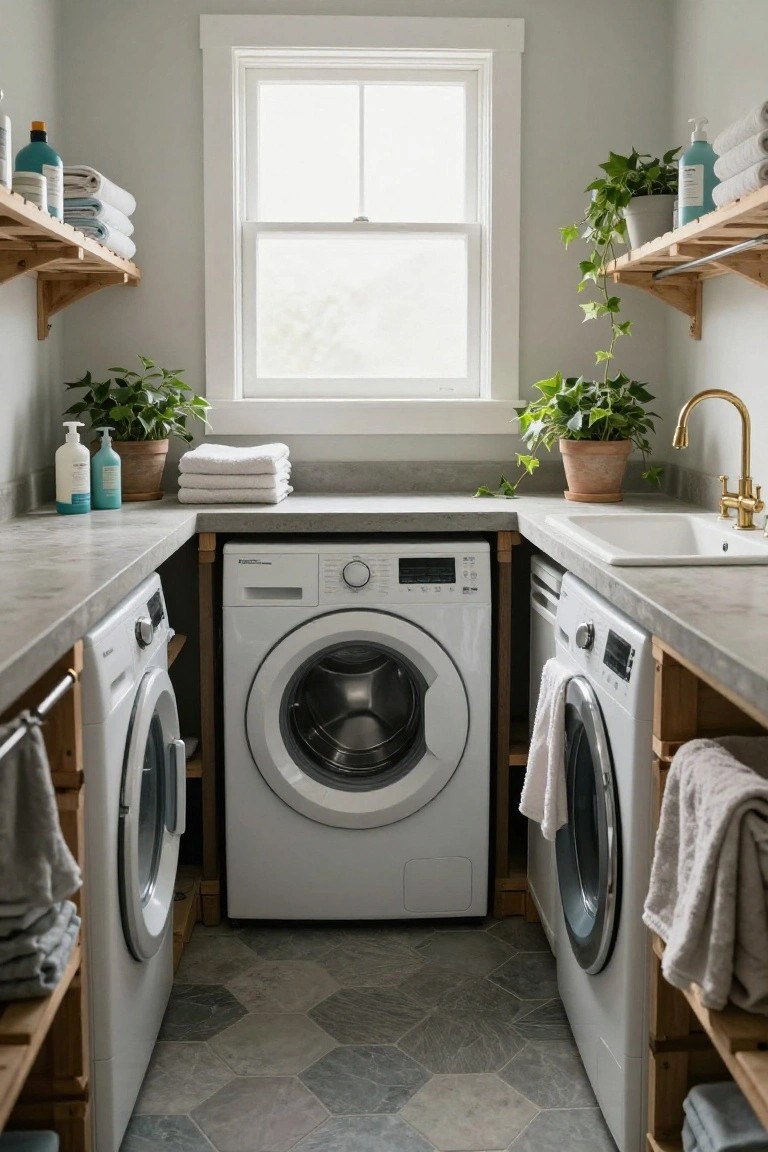 Narrow indoor laundry room featuring white washer and dryer flanked by open wood pallet shelves holding folded towels, detergents, and potted plants, with concrete counters, a utility sink, brass faucet, and hexagonal gray floor tiles.