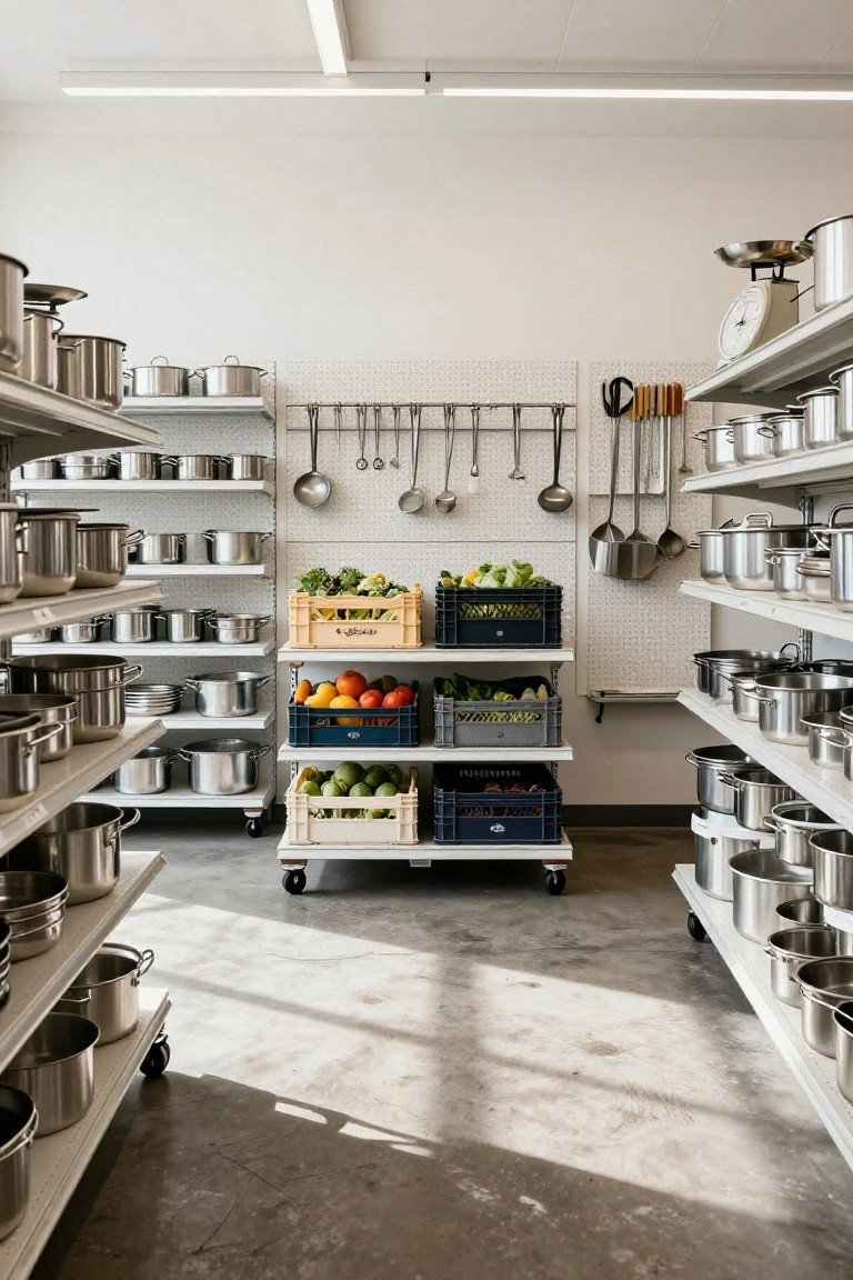 Kitchen storage room with stainless steel shelves lined with pots and pans, utensils hanging on a white pegboard wall, and a white rolling cart holding colorful plastic crates of vegetables including broccoli, oranges, and avocados.